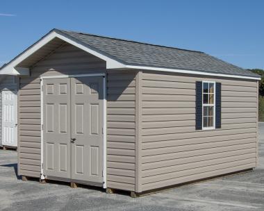 10x14 Front Entry Peak Shed With Clay Vinyl Siding and Fiberglass Double Doors