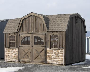 10x16 Custom Dutch Barn Storage Shed with rustic board 'n' batten siding and stonework