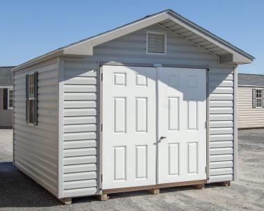 10x12 Front Entry Peak Style Storage Shed with Harbor Stone Grey Vinyl Siding